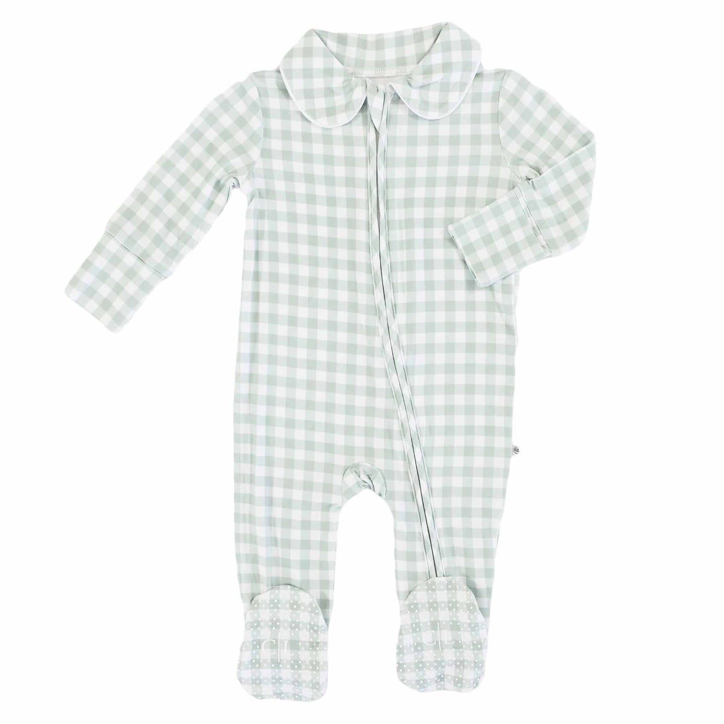 Peter Pan Collar Zipper Footie | Moss Gingham