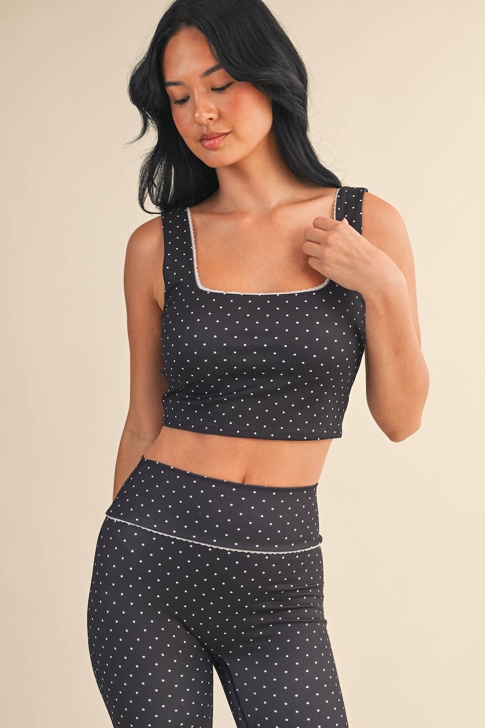 Polka Dot Print Crop Tank with Lace Trim: Black Polka Dot