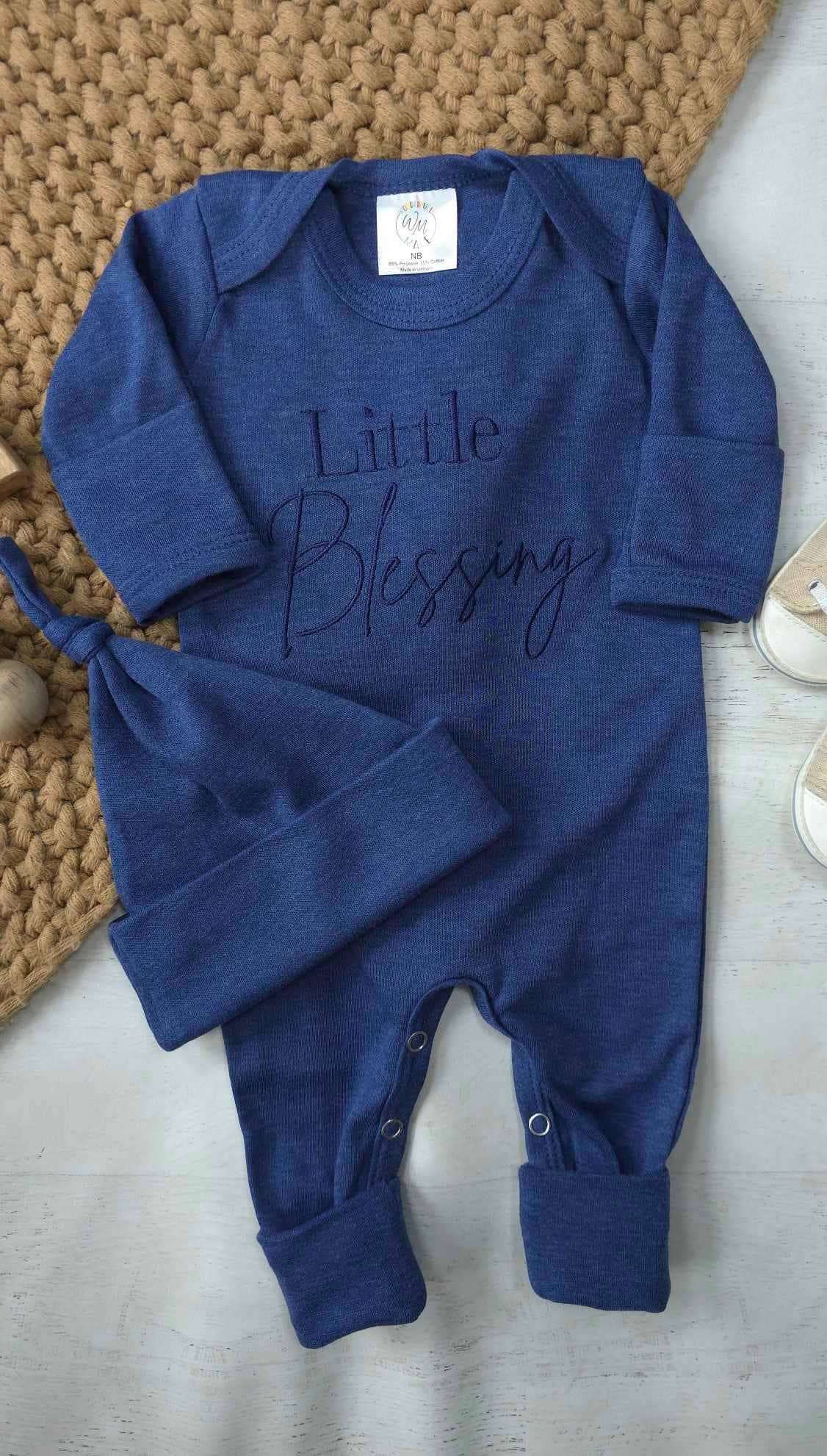 Little Blessing Blue: Romper and Knotted Hat