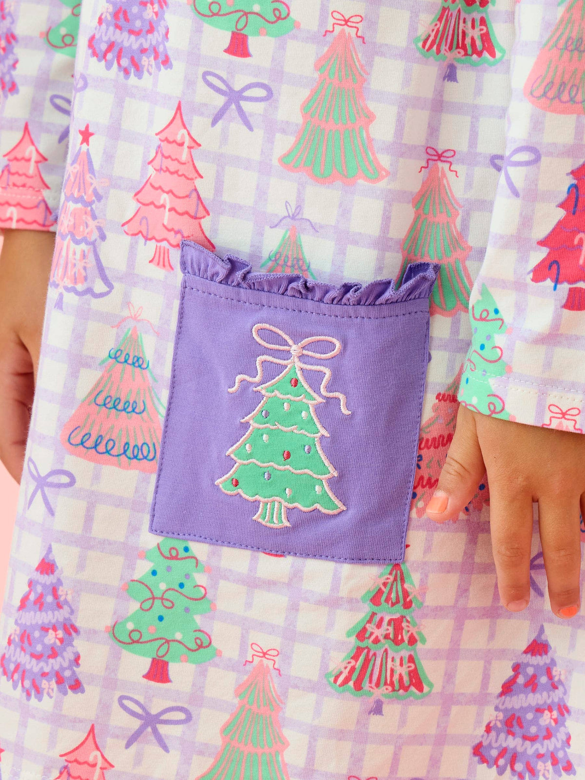 Girls Purple Bow Christmas Pines Knit A-line Applique Pockets Dress