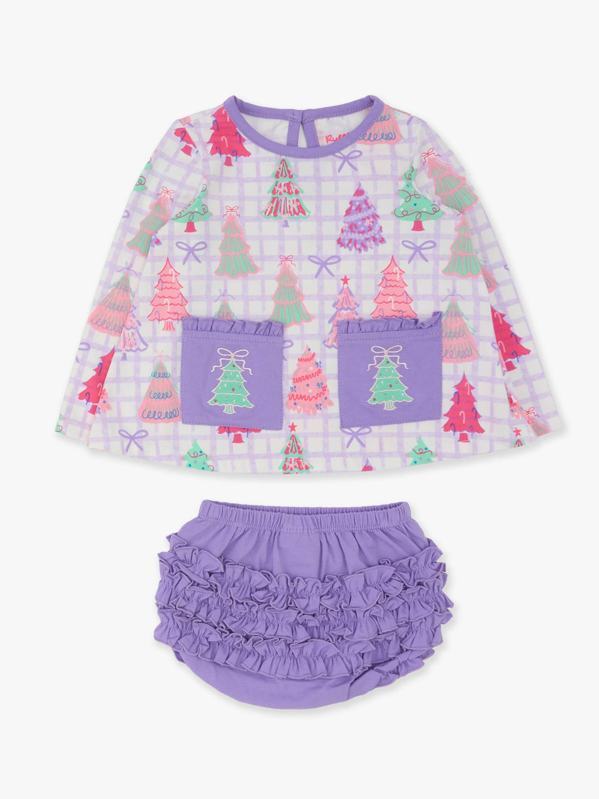 Baby Girls Purple Bow Christmas Pines Knit Long Sleeve Applique Pocket Swing Top & Ruffle Bloomer Set