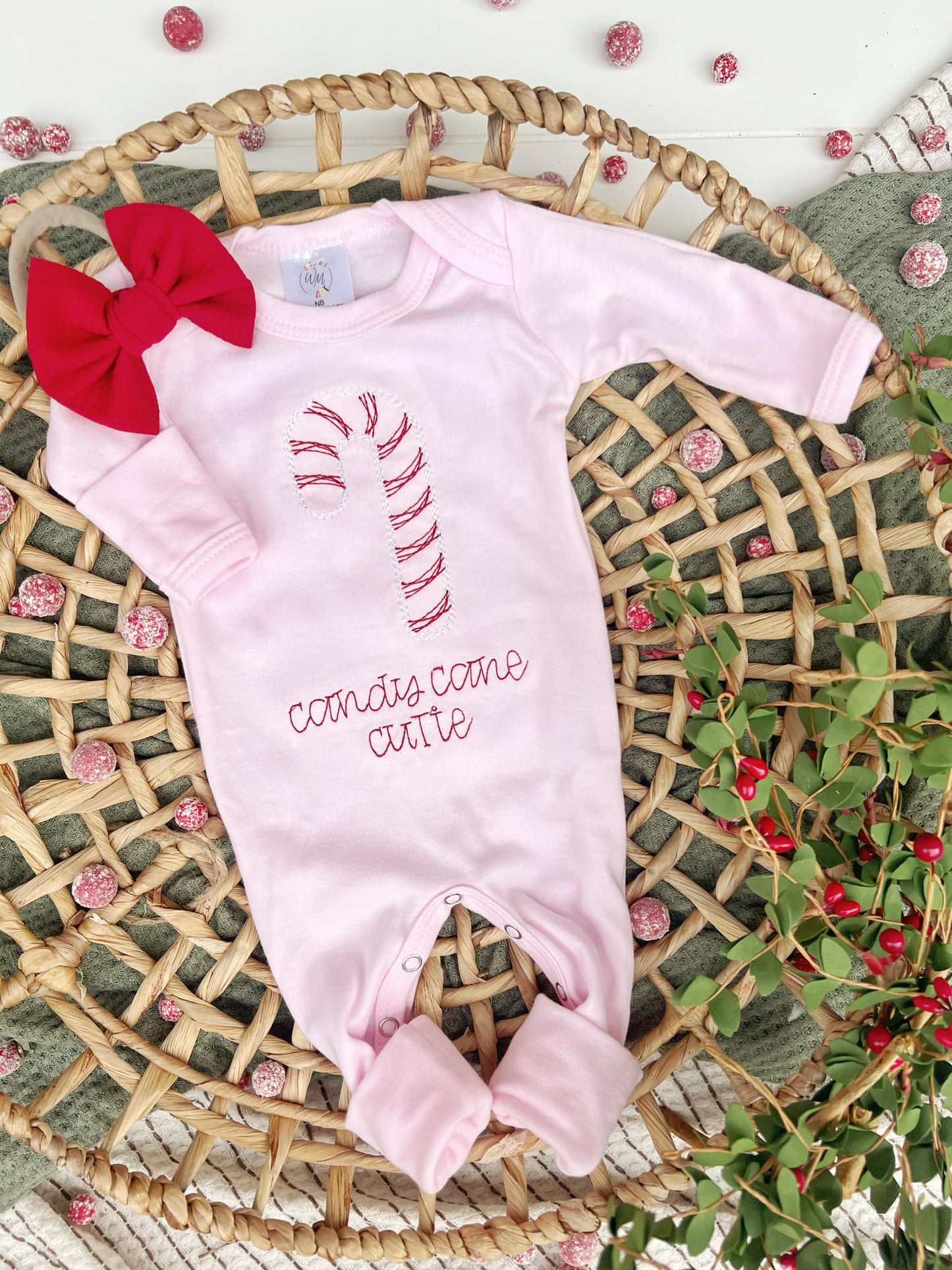 Light Pink Girl Romper Candy Cane Cutie: Newborn / Romper and bow