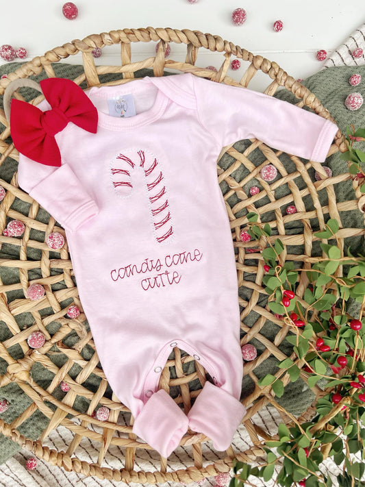 Light Pink Girl Romper Candy Cane Cutie: Newborn / Romper and bow
