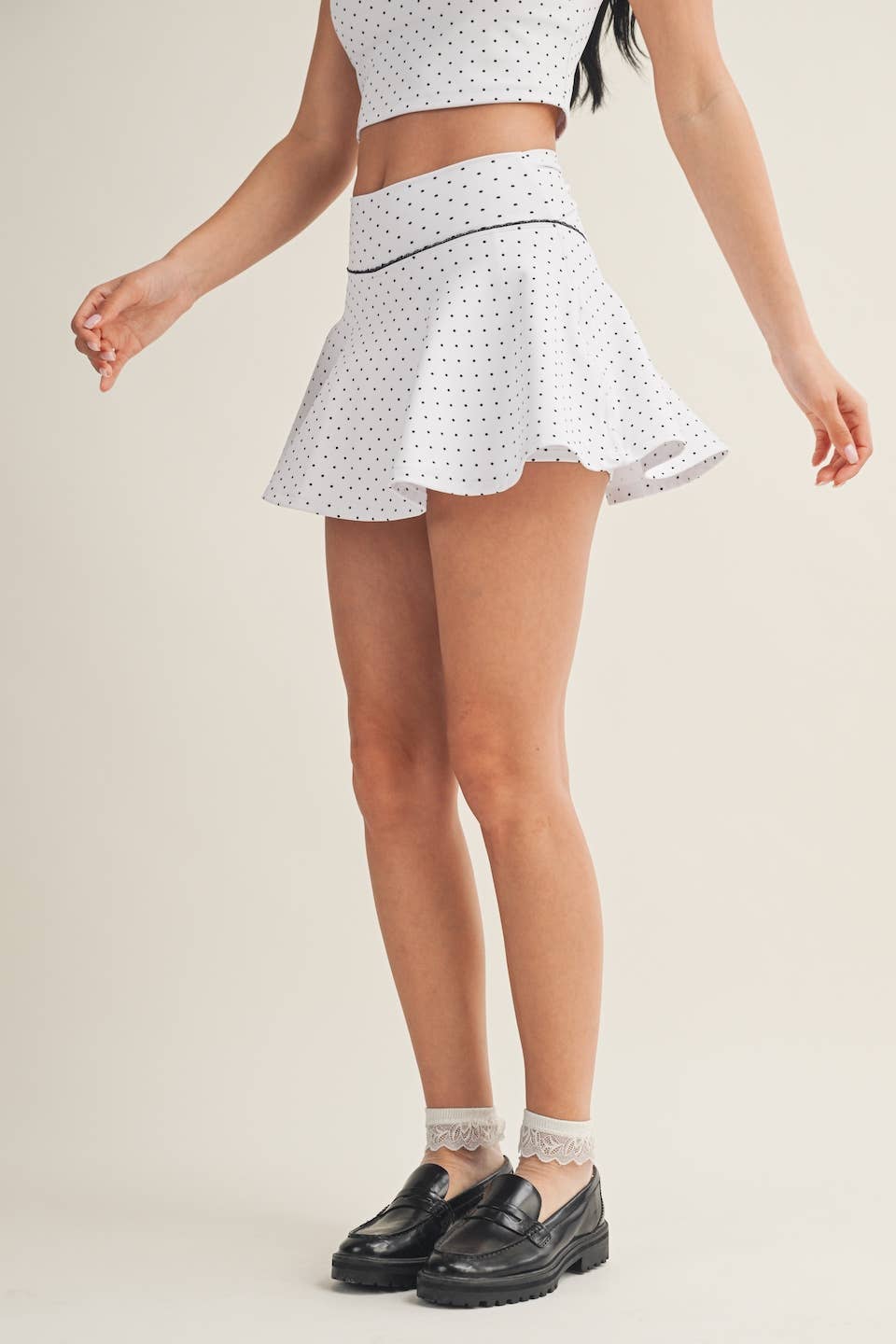 Polka Dot Print Mini Circle Skort with Bow Back and Lace Tri: Black Polka Dot