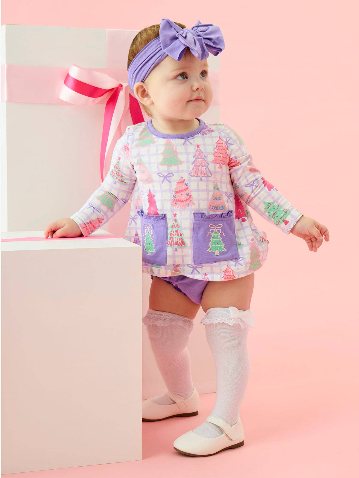 Baby Girls Purple Bow Christmas Pines Knit Long Sleeve Applique Pocket Swing Top & Ruffle Bloomer Set