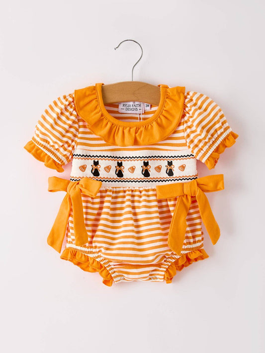 Halloween Striped Baby Girls Romper with Cat Smocking Embroidery
