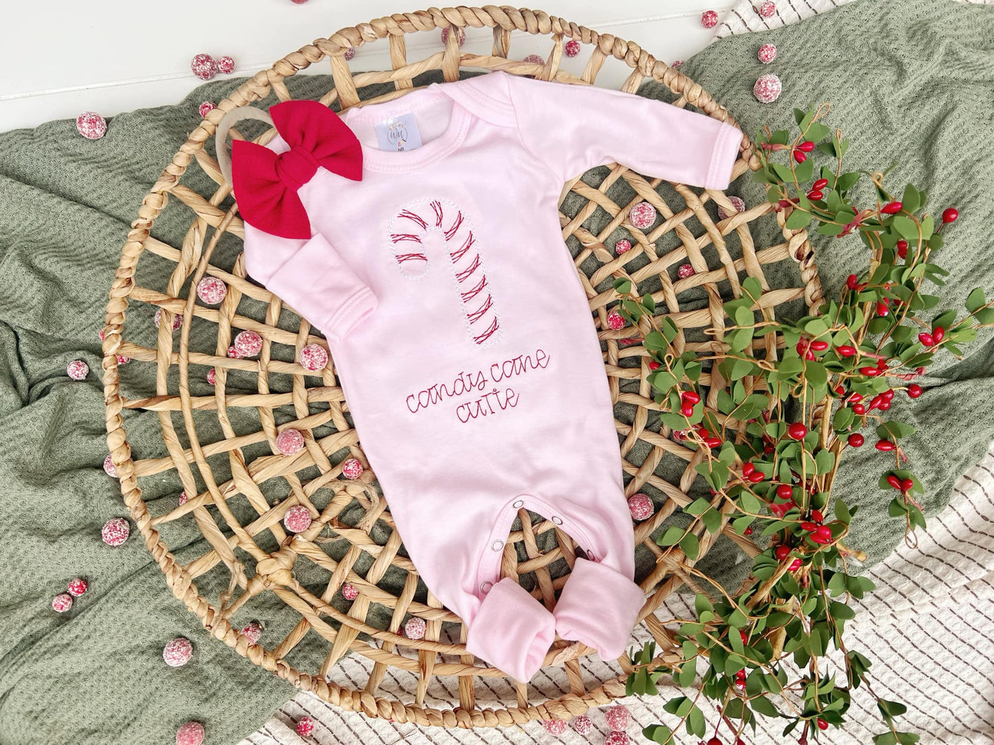 Light Pink Girl Romper Candy Cane Cutie: Newborn / Romper and bow