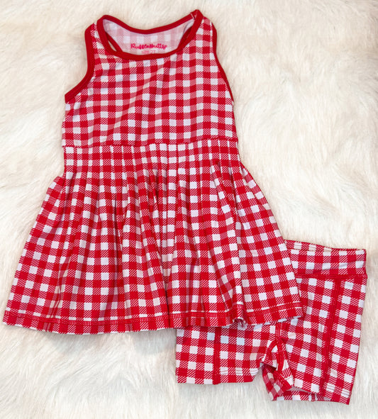 Girls Red Gingham Pleated Skirt Active Dress & Bike Short Set