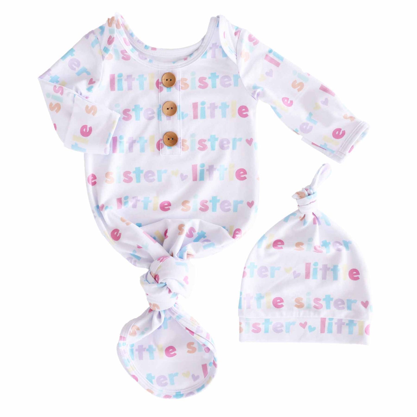 Little Sister Newborn Baby Knot Gown & Hat Set