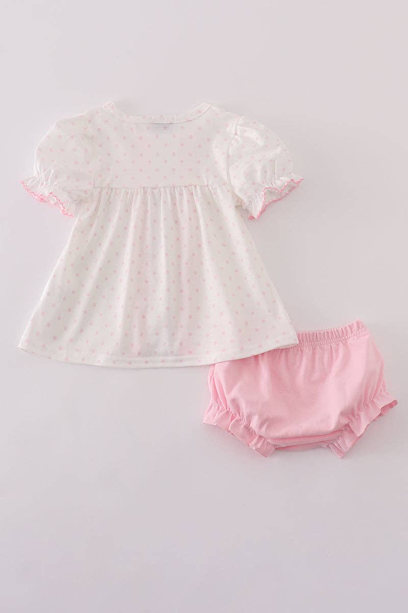 Pink bow embroidery dot bloomer set: 6 Months