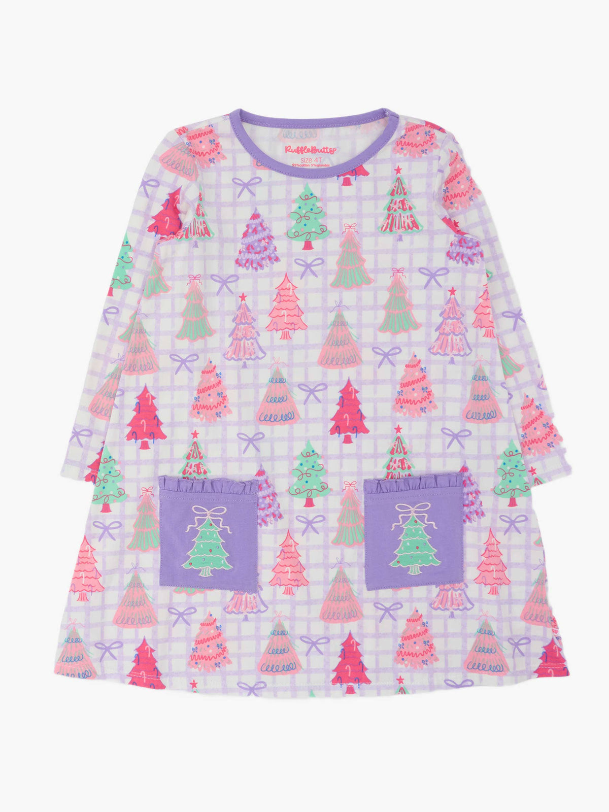 Girls Purple Bow Christmas Pines Knit A-line Applique Pockets Dress