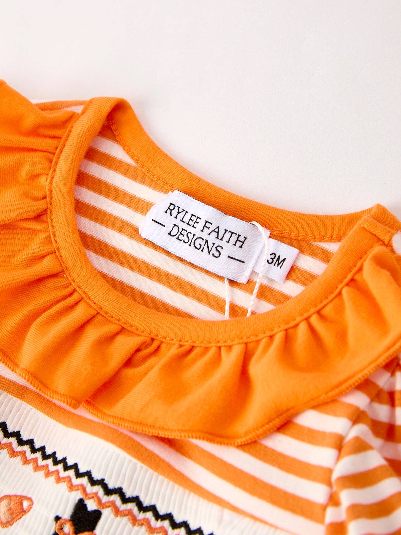 Halloween Striped Baby Girls Romper with Cat Smocking Embroidery