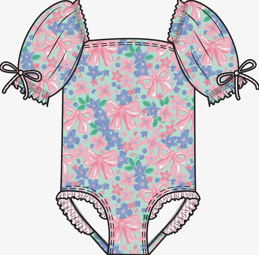 Girls Bow Blooms Puff Sleeve One Piece Swimsuit