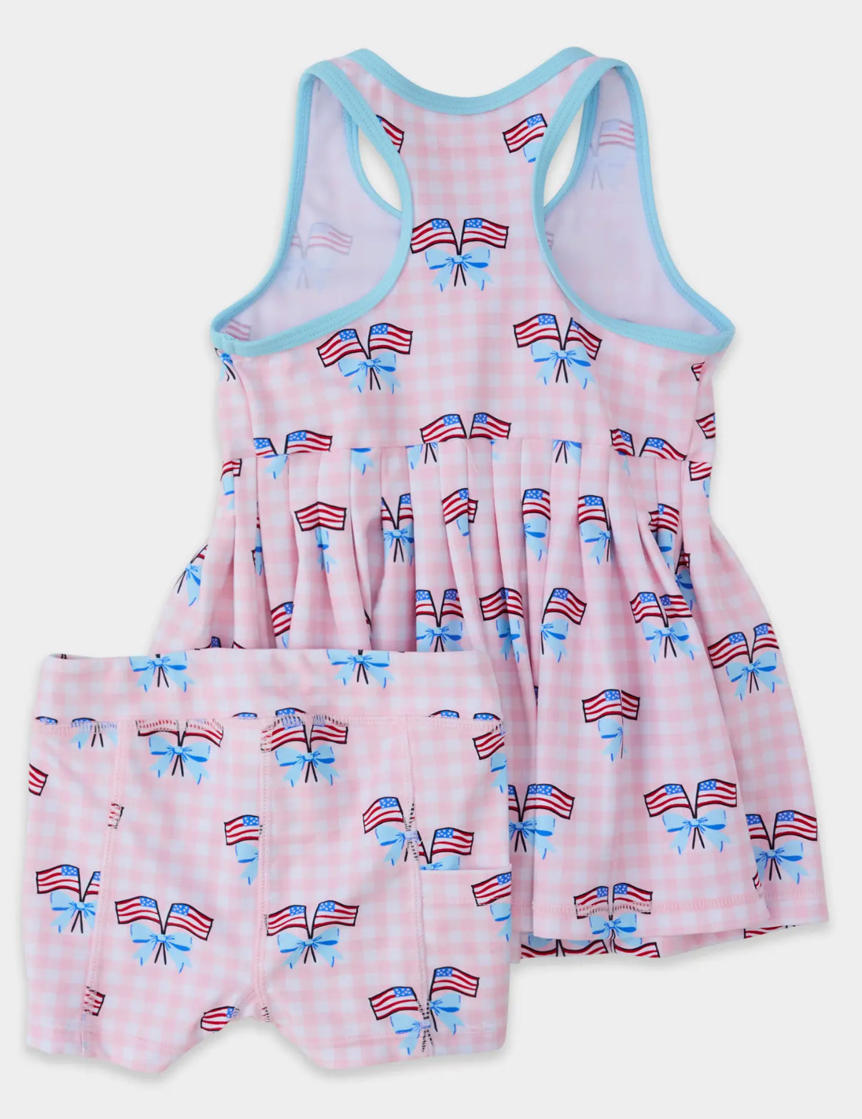 Girls Pink Patriotic Gingham Pleated Skirt Active Dress & Bike Short Set