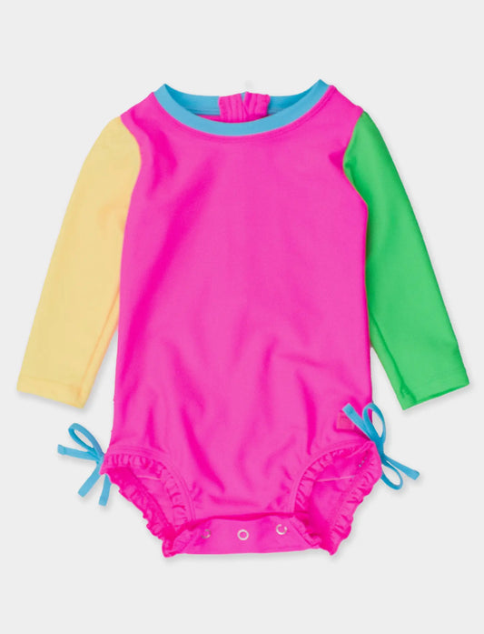 Baby Girls Neon Color Block Long Sleeve One Piece Rash Guard Swimsuit