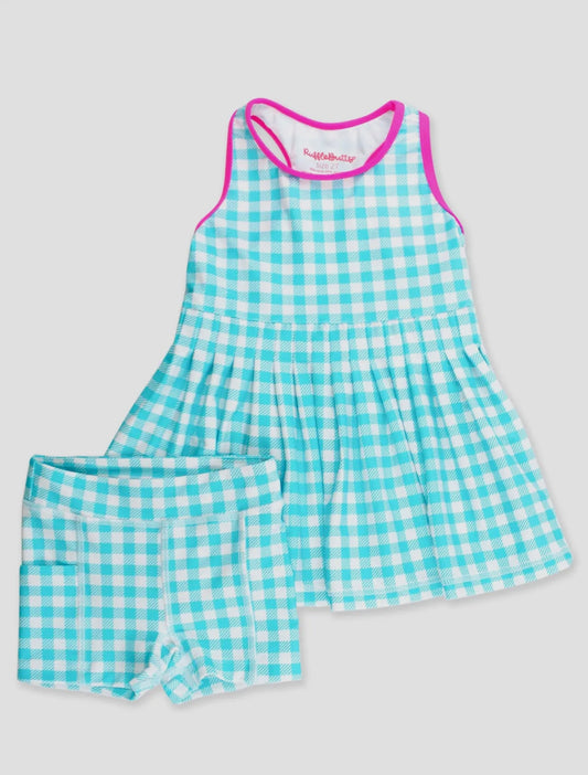 Girls Bright Aqua Gingham Pleated Skirt Active Dress & Bike Short Set