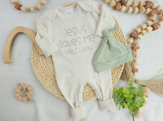 Jesus Loves Me Romper and Knotted Hat Set