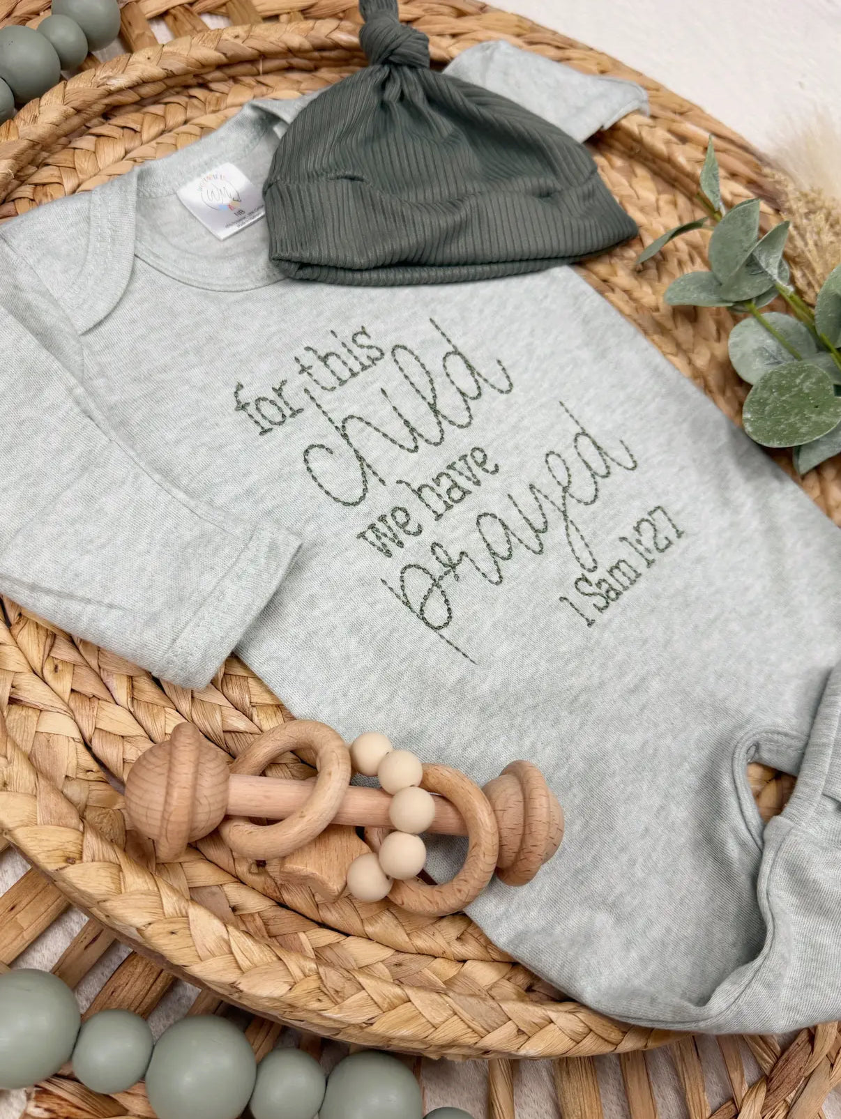 For This Child We Have Prayed Sage Romper and Knotted Hat