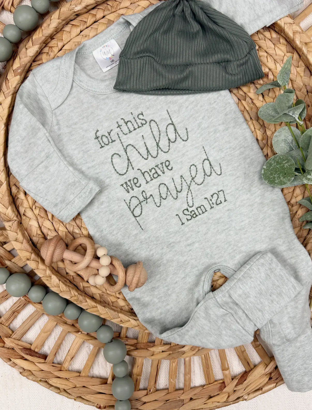 For This Child We Have Prayed Sage Romper and Knotted Hat