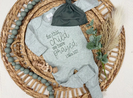 For This Child We Have Prayed Sage Romper and Knotted Hat