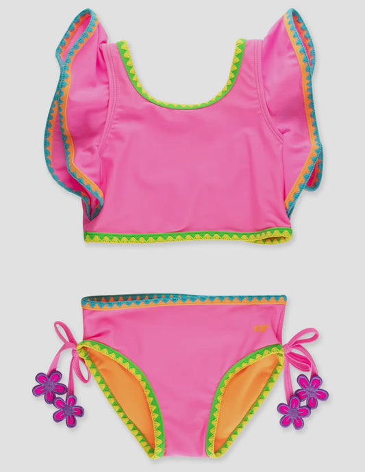 Girls Neon Pink Crochet Detail Butterfly Tankini 2-Piece Swimsuit