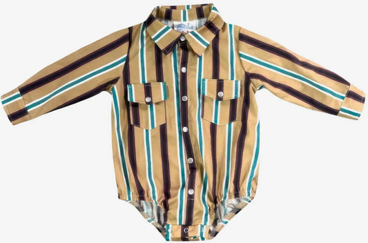 Tan Stripe Vintage Ls Pearl Snap Onesie