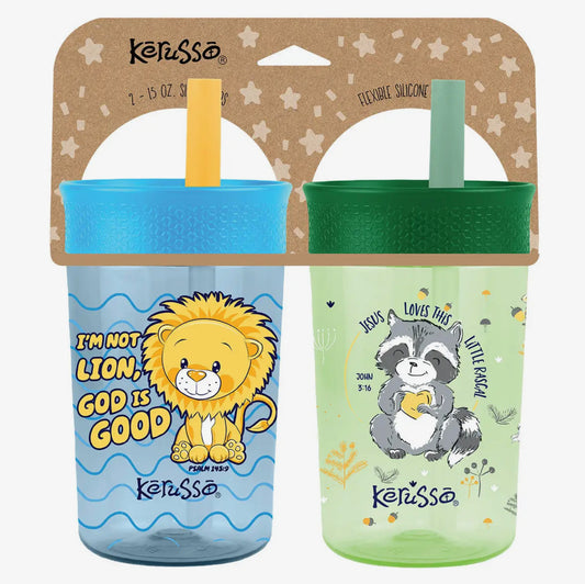 15 oz Silicone Straw Cup Raccoon & Lion (2 Pack)
