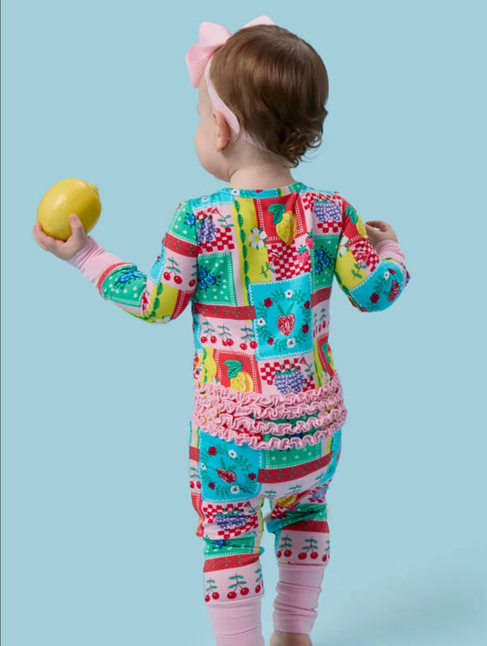 Softsnooze™ Baby Girls Bamboo Viscose Picnic Party Patchwork Convertible Ruffle One Piece Footie Pajama