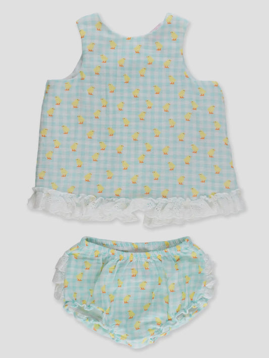 Baby Girls Chirping Chicks Gingham Cotton Gauze Swing Top & Bloomer Set