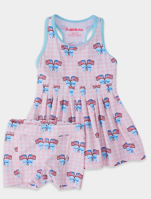 Girls Pink Patriotic Gingham Pleated Skirt Active Dress & Bike Short Set