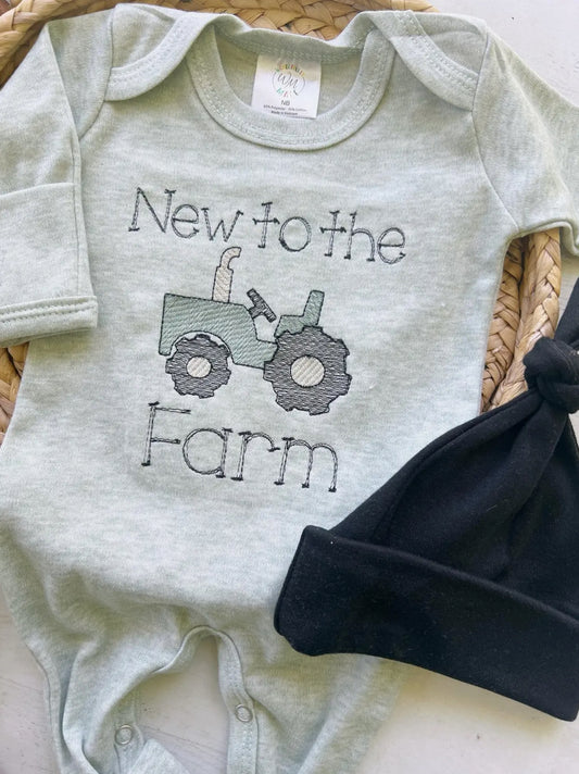 Baby Sage Tractor New To the Farm Outfit with Knotted Hat
