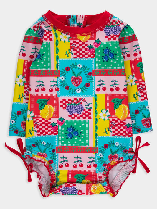 Baby Girls Picnic Party Patchwork Long Sleeve One Piece Rash Guard Swimsuit with Signature Rear Ruffles