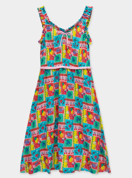Women's Picnic Party Patchwork Cotton Gauze Smocked Ruffle Bow Midi Dress