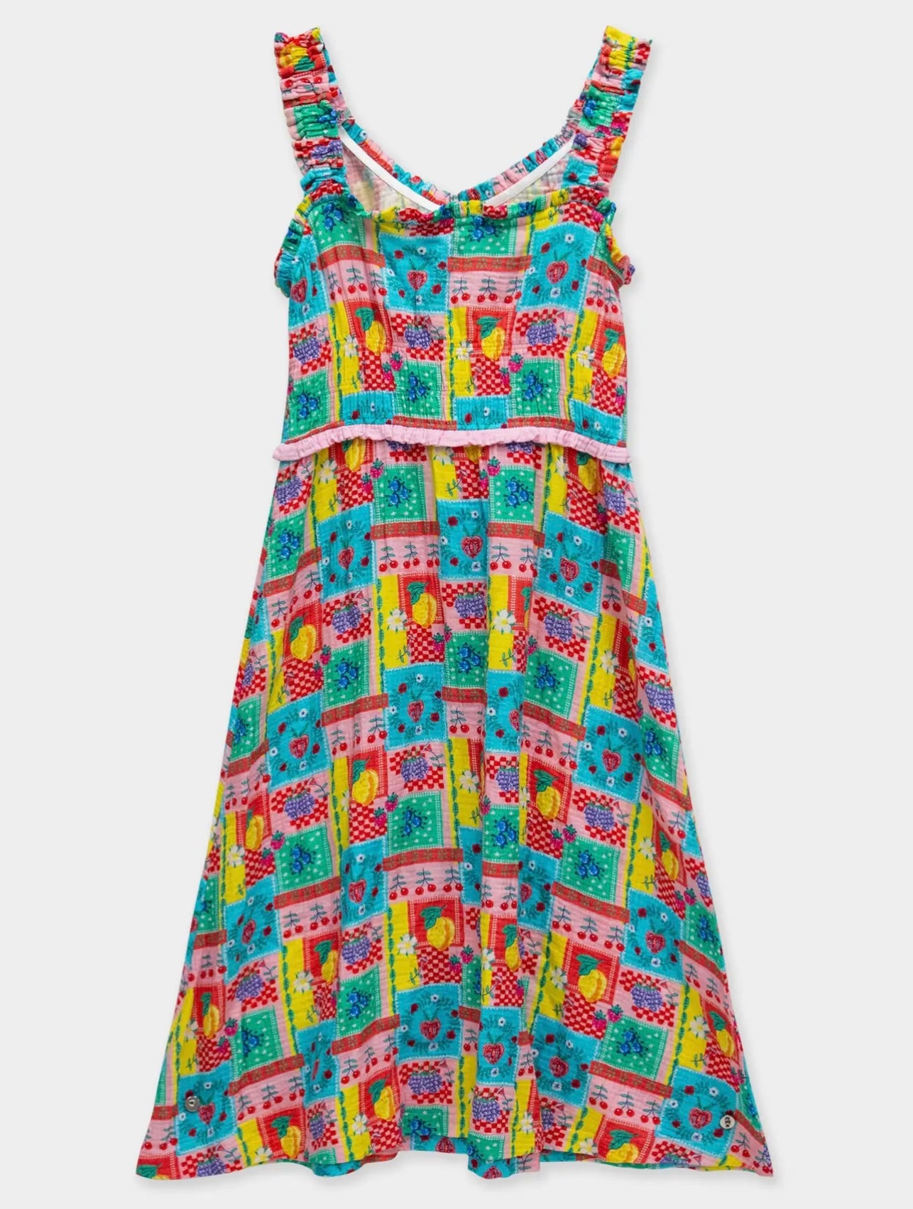 Women's Picnic Party Patchwork Cotton Gauze Smocked Ruffle Bow Midi Dress