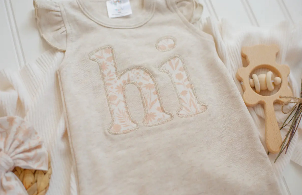 Hi Oatmeal Flutter Romper and Bow