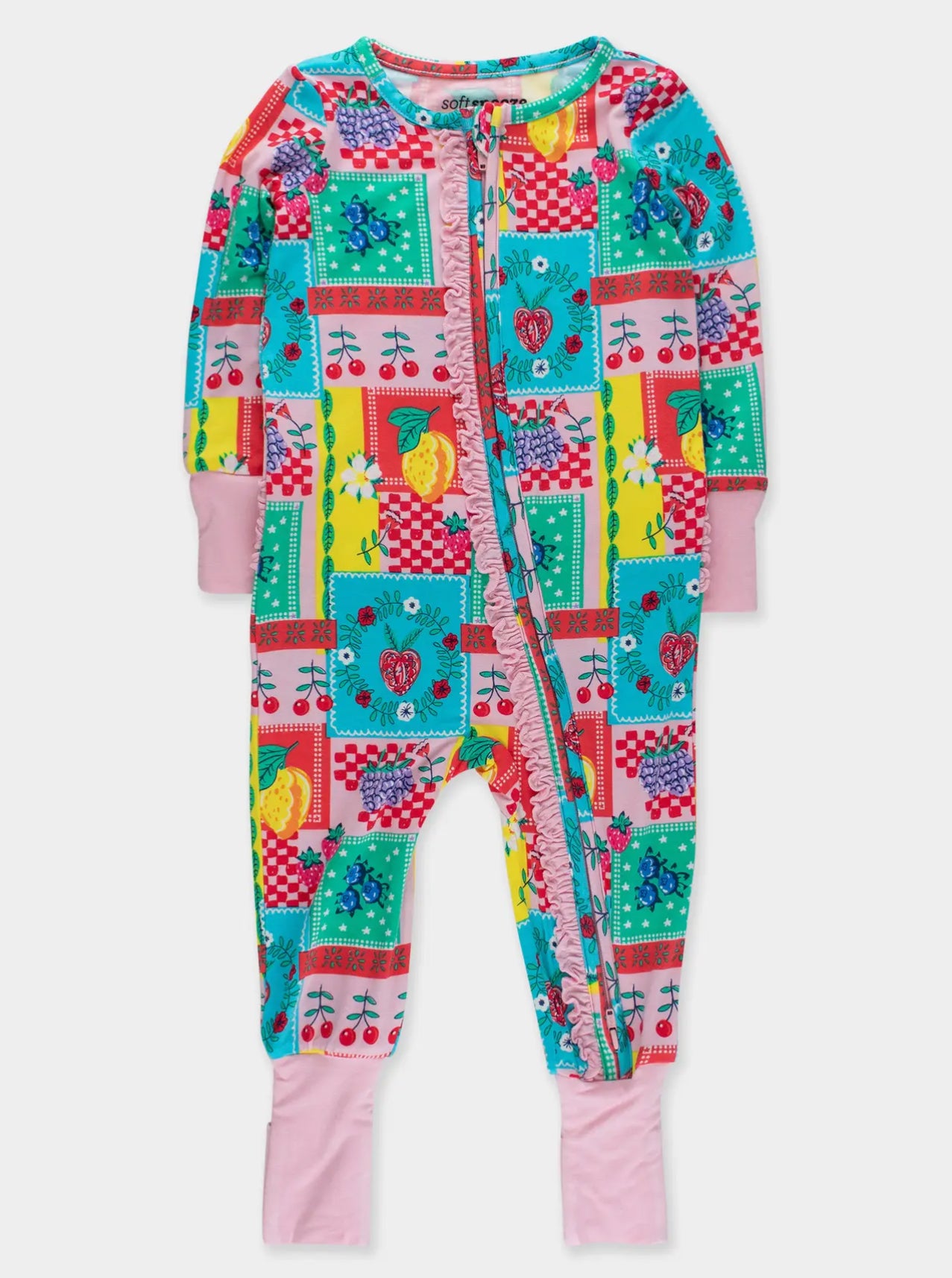 Softsnooze™ Baby Girls Bamboo Viscose Picnic Party Patchwork Convertible Ruffle One Piece Footie Pajama