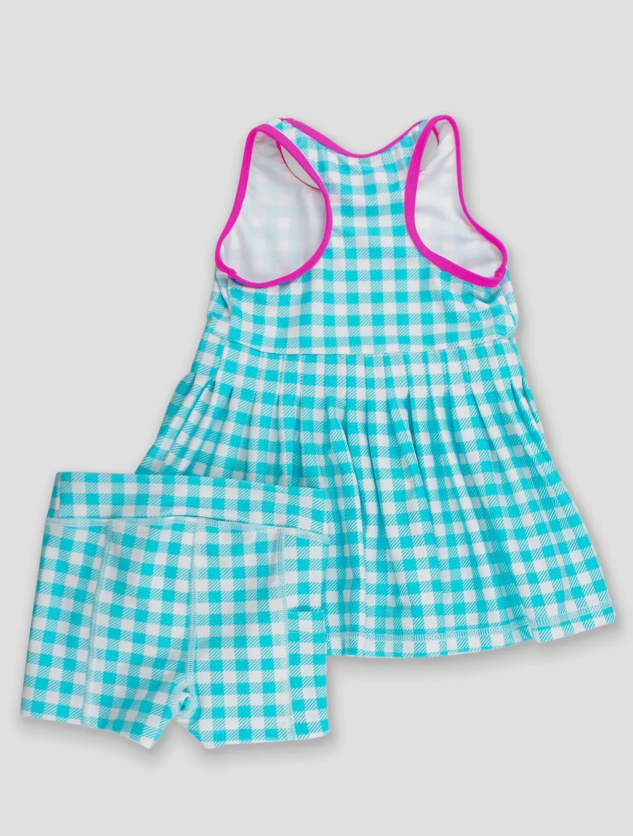 Girls Bright Aqua Gingham Pleated Skirt Active Dress & Bike Short Set