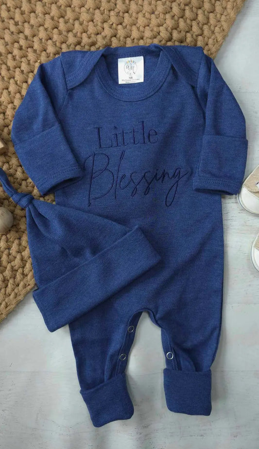 Little Blessing Blue Baby Romper + Knotted Hat set
