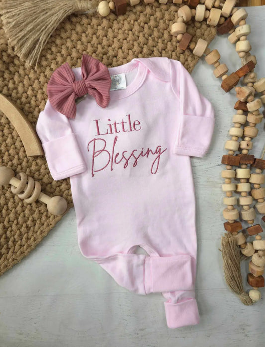 Little Blessing Pink Baby Romper + Bow set