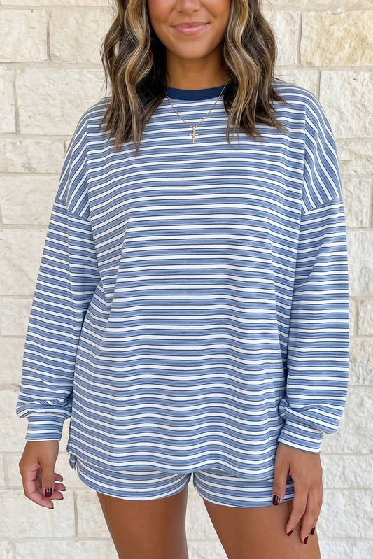 Stripe Casual Long Sleeve High Waist Two Piece Set: Sky Blue Stripe