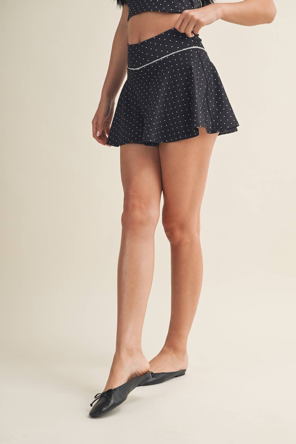Polka Dot Print Mini Circle Skort with Bow Back and Lace Tri: Black Polka Dot