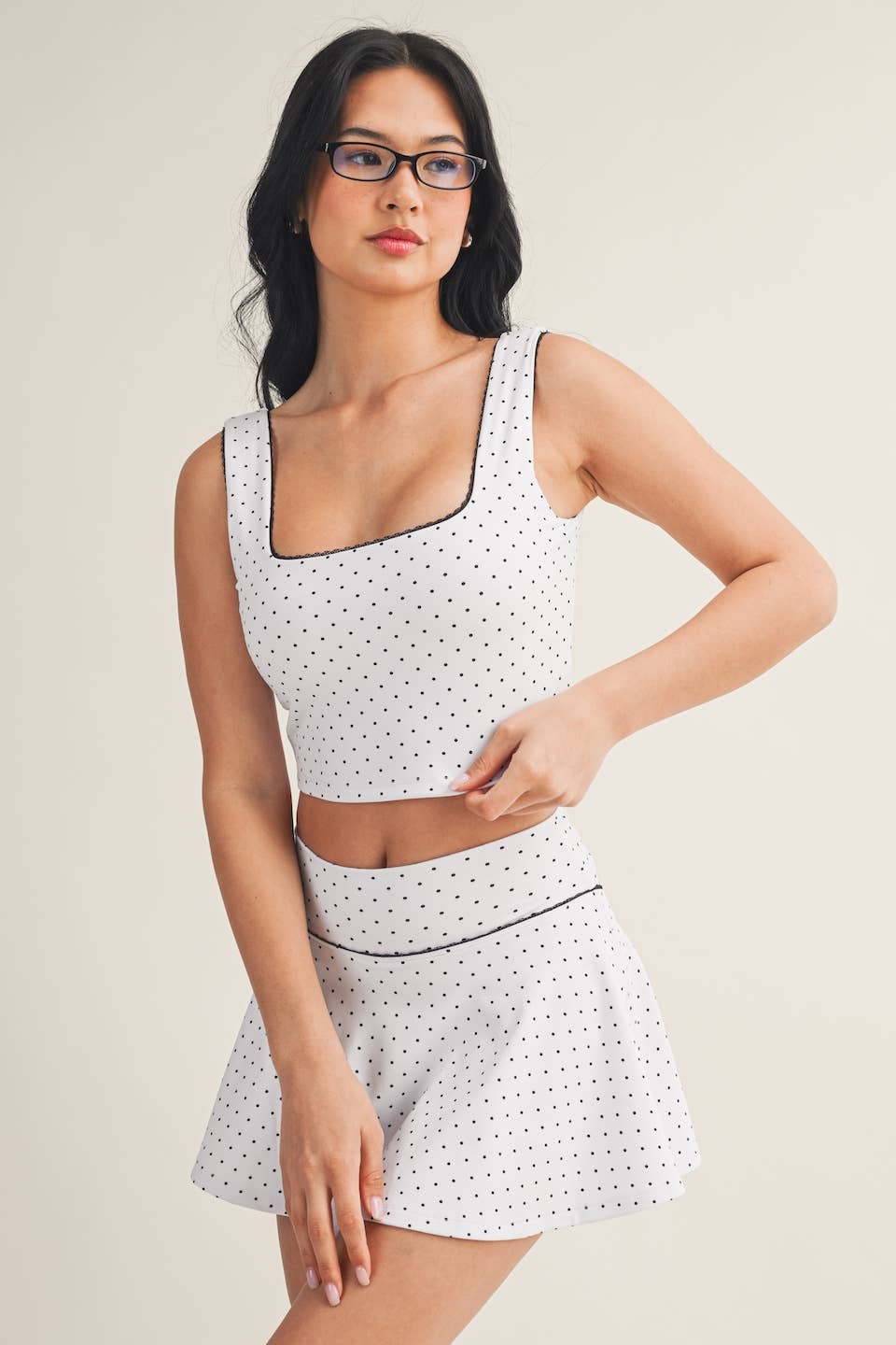 Polka Dot Print Crop Tank with Lace Trim: Black Polka Dot