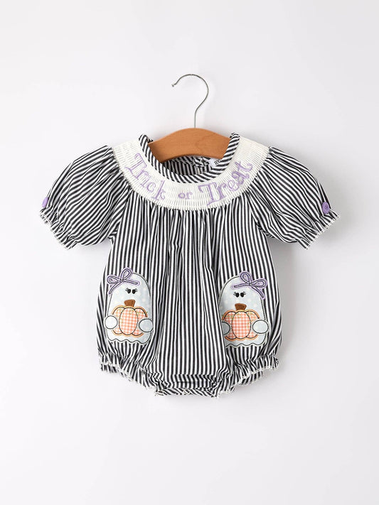 Halloween Striped "Trick Or Treat" Smock Embroidered Baby Girl Romper: 3M