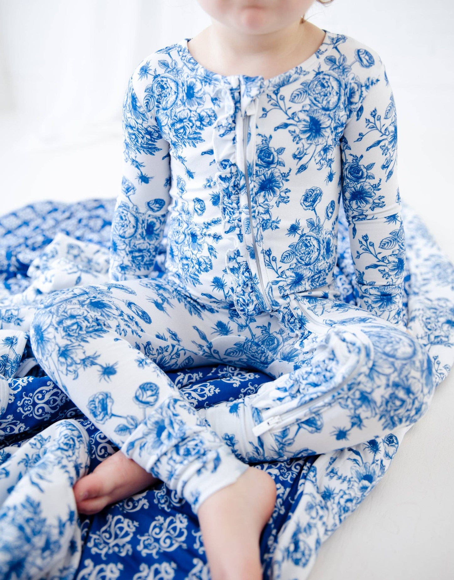 Something Blue Toile Damask Floral Bamboo Baby Pajamas Ruffle Convertible Footie