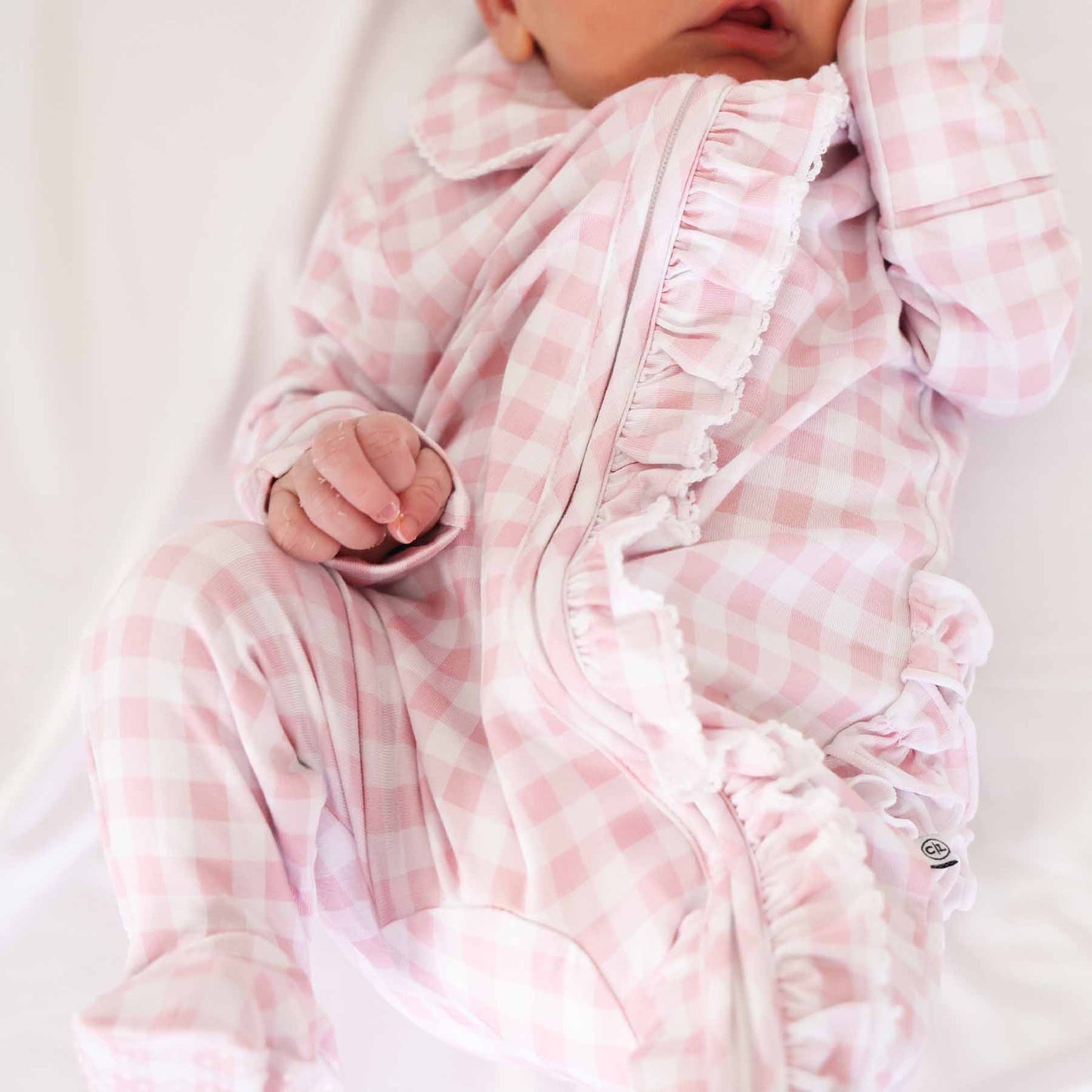 Peter Pan Collar Ruffle Zipper Footie | Rosy Gingham