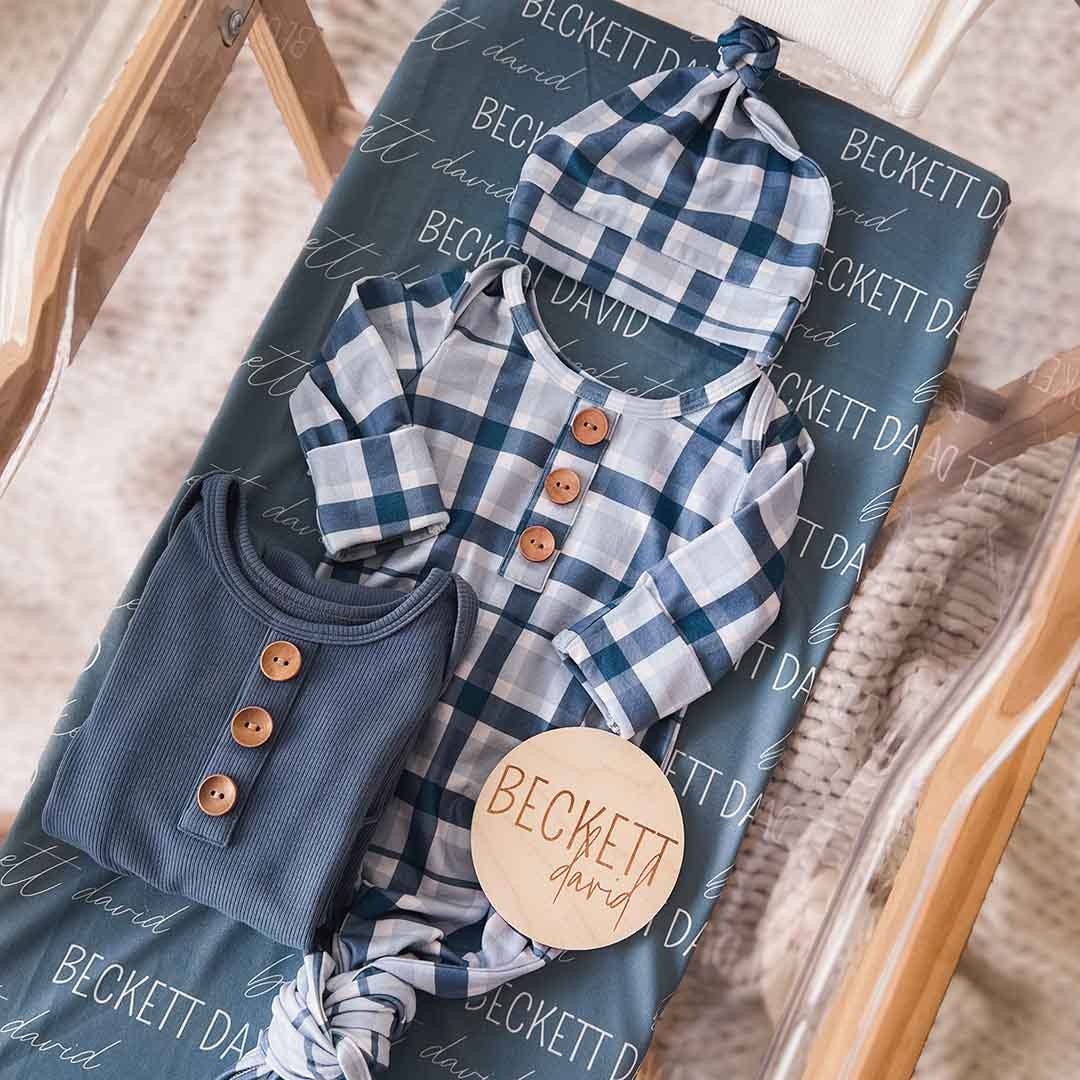 Paxton's Plaid Newborn Baby Knot Gown & Hat Set