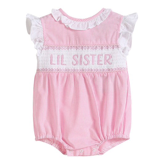 Pink Striped Lil Sister Smocked Romper: 3-6M