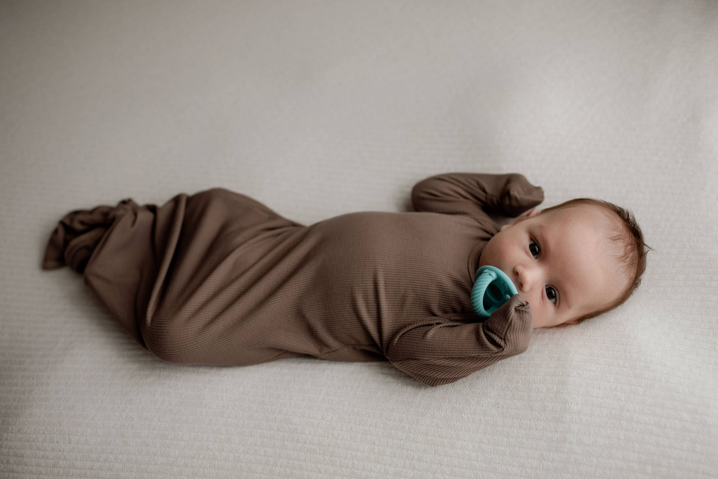 Cocoa Brown Ribbed Knotted Newborn Baby Gown sleepwear: Gown & Hat