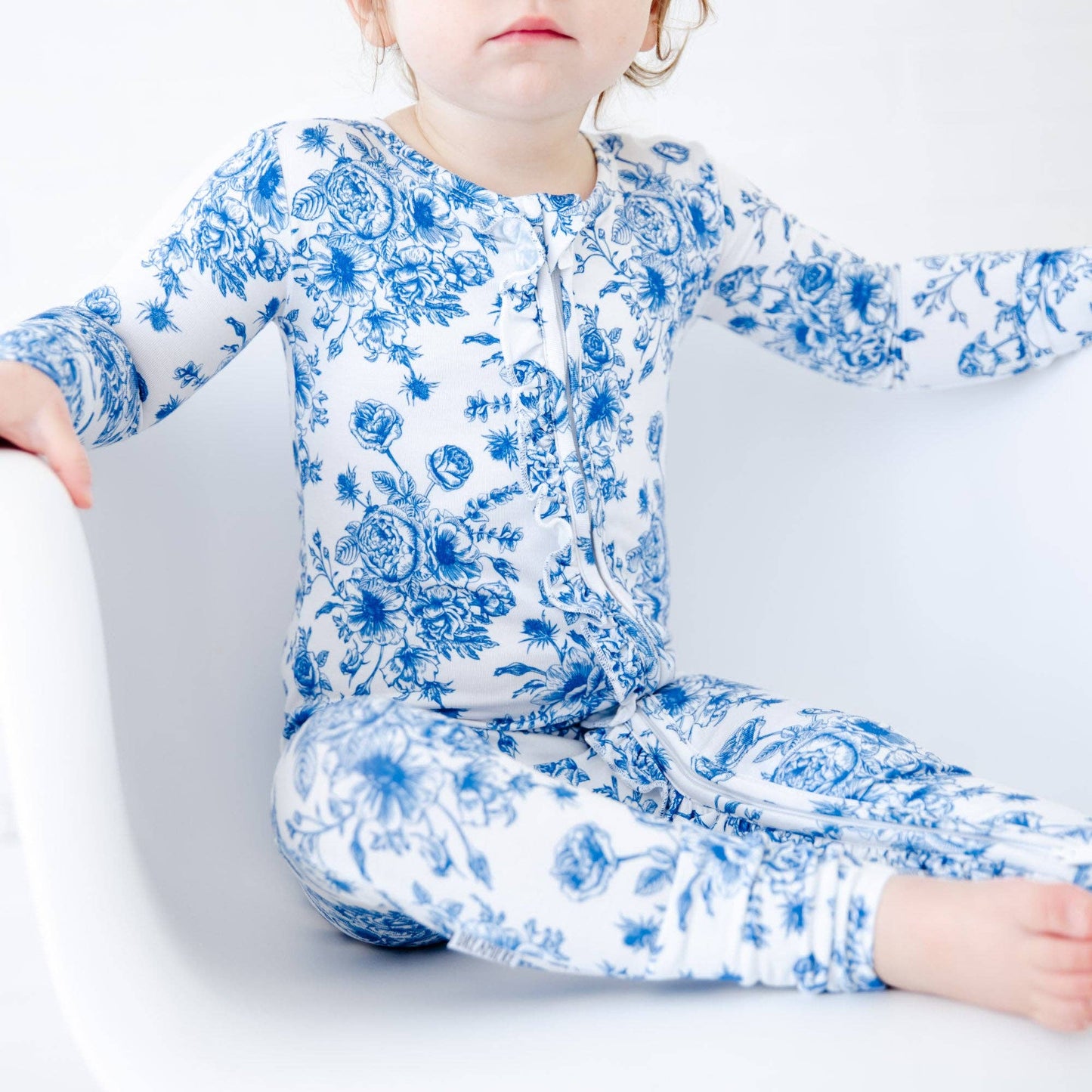 Something Blue Toile Damask Floral Bamboo Baby Pajamas Ruffle Convertible Footie