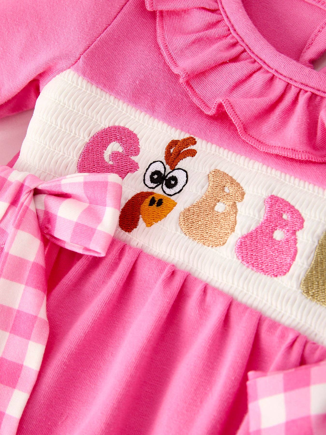 "GOBBLE" Smock Embroidery Baby Girl Romper